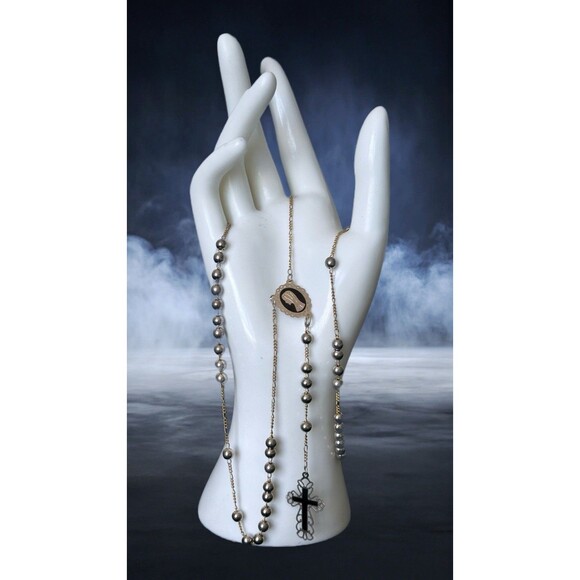 Vintage Catholic Rosary  17” Silver Beads Gold Tone Chain, Mary Medal & Crucifix - Picture 1 of 10